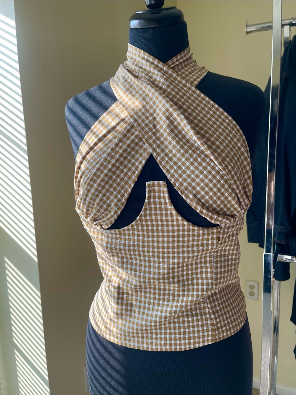 Brown Gingham Halter Cutout Top